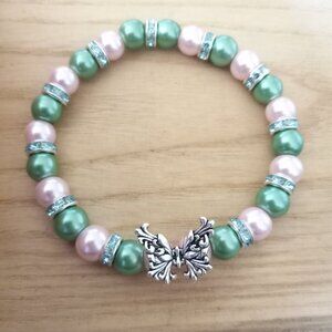 Butterfly Charm Stretch Bracelet, Green Pink Pearls, Women, Little Girls, Gift
